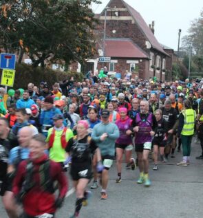 Showing the start of the Warrington Way Ultra from pepper Street in Lymm, with nearly half the starters just beginning their 40 mile journey.